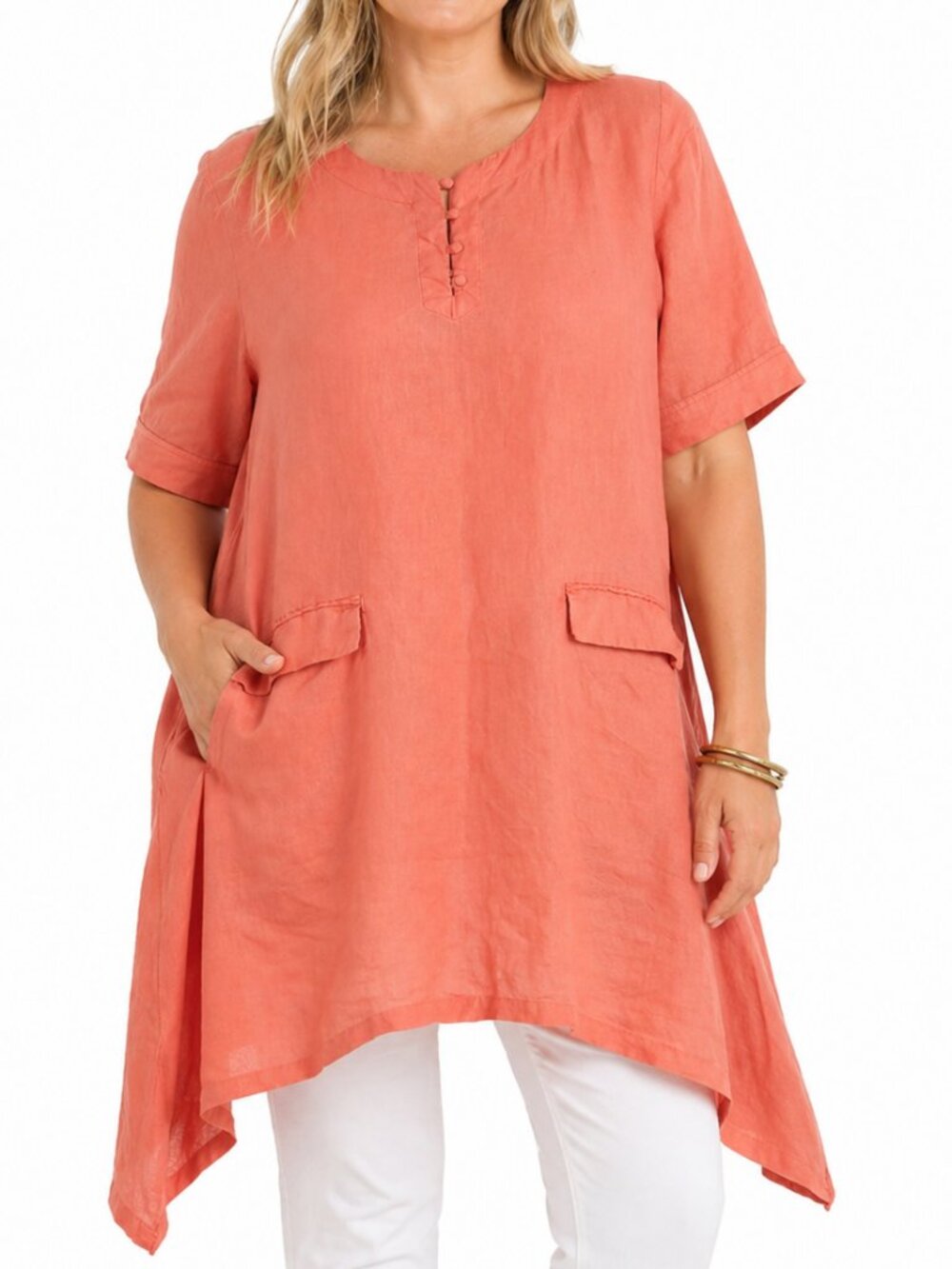 Beams Heart Linen Tunic Coral Sharkbite Hem Short Sleeve Pockets Relaxed Fit